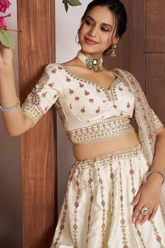 Cream Designer Embroidery With Hand Work Silk Blend Semi Stitched Lehenga Set