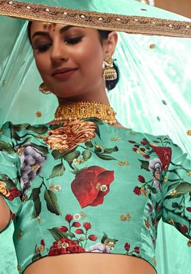 Tourquise Print Embroidered & Stone Work Silk Blend Semi Stitched Lehenga Set 2