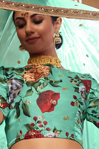 Tourquise Print Embroidered & Stone Work Silk Blend Semi Stitched Lehenga Set