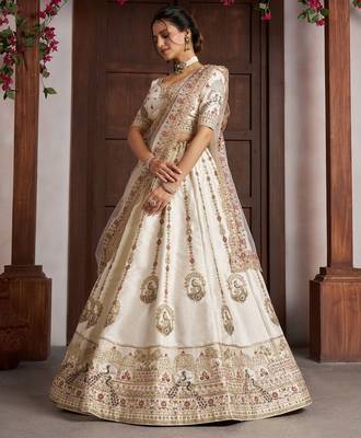 Cream Designer Embroidery With Hand Work Silk Blend Semi Stitched Lehenga Set 4
