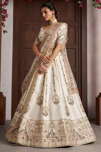 Cream Designer Embroidery With Hand Work Silk Blend Semi Stitched Lehenga Set