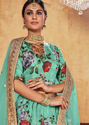 Tourquise Print Embroidered & Stone Work Silk Blend Semi Stitched Lehenga Set 3