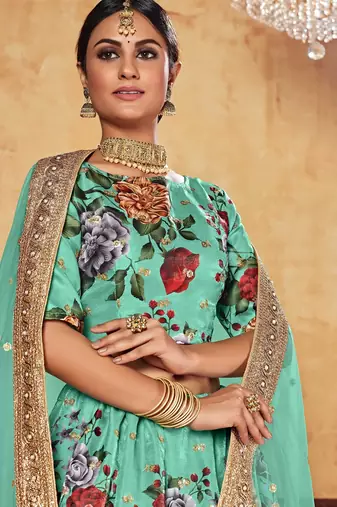 Tourquise Print Embroidered & Stone Work Silk Blend Semi Stitched Lehenga Set