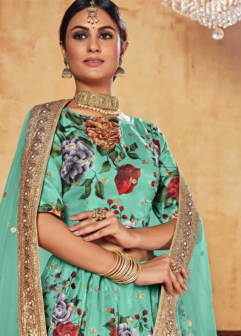 Tourquise Print Embroidered & Stone Work Silk Blend Semi Stitched Lehenga Set
