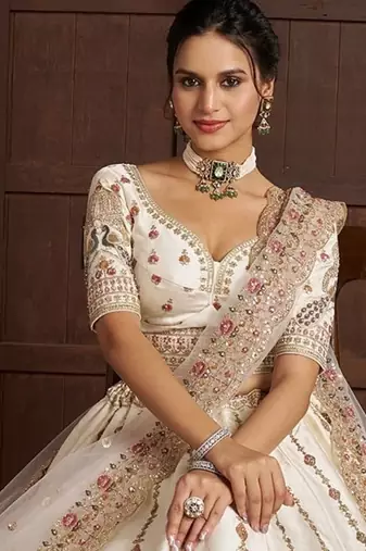 Cream Designer Embroidery With Hand Work Silk Blend Semi Stitched Lehenga Set