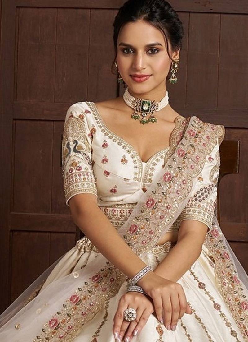 Cream Designer Embroidery With Hand Work Silk Blend Semi Stitched Lehenga Set