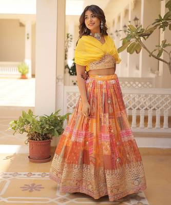 Yellow Rich Digital Printed With Foil Embroidery Work Blended Cotton Semi Stitched Lehenga Set 1
