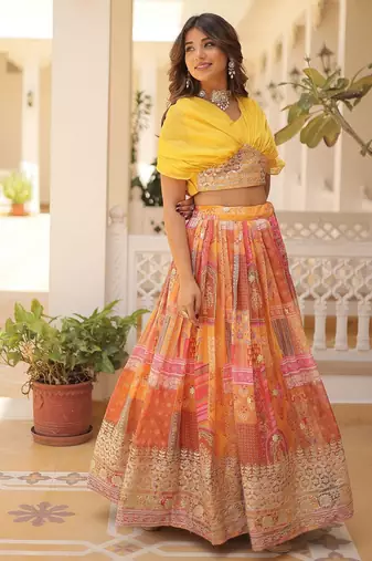 Yellow Rich Digital Printed With Foil Embroidery Work Blended Cotton Semi Stitched Lehenga Set