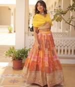 Yellow Rich Digital Printed With Foil Embroidery Work Blended Cotton Semi Stitched Lehenga Set
