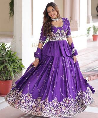 Purple Multi Thread Embroidery Zari Sequins-Work Blended Cotton Semi Stitched Lehenga Set 1