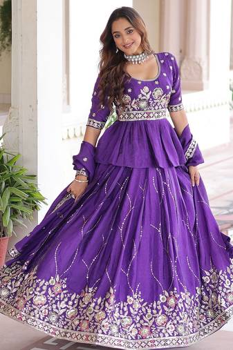 Purple Multi Thread Embroidery Zari Sequins-Work Blended Cotton Semi Stitched Lehenga Set