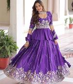 Purple Multi Thread Embroidery Zari Sequins-Work Blended Cotton Semi Stitched Lehenga Set