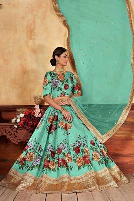 Tourquise Print Embroidered & Stone Work Silk Blend Semi Stitched Lehenga Set 4