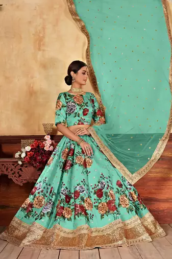 Tourquise Print Embroidered & Stone Work Silk Blend Semi Stitched Lehenga Set
