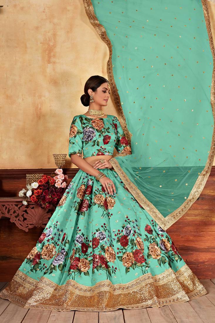 Tourquise Print Embroidered & Stone Work Silk Blend Semi Stitched Lehenga Set