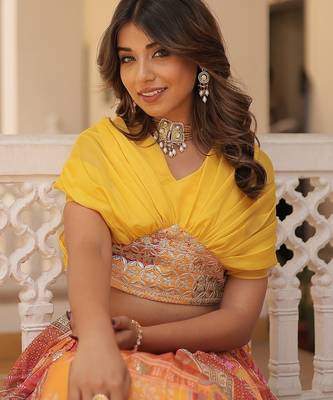Yellow Rich Digital Printed With Foil Embroidery Work Blended Cotton Semi Stitched Lehenga Set 2