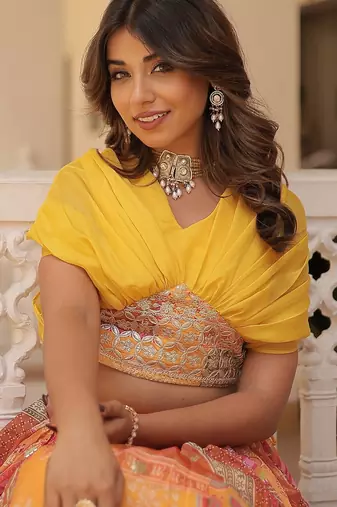 Yellow Rich Digital Printed With Foil Embroidery Work Blended Cotton Semi Stitched Lehenga Set