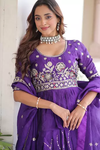 Purple Multi Thread Embroidery Zari Sequins-Work Blended Cotton Semi Stitched Lehenga Set