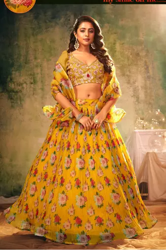 Yellow Embroidered Sequins & Print Organza Semi Stitched Lehenga Set