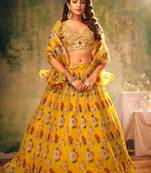 Yellow Embroidered Sequins & Print Organza Semi Stitched Lehenga Set