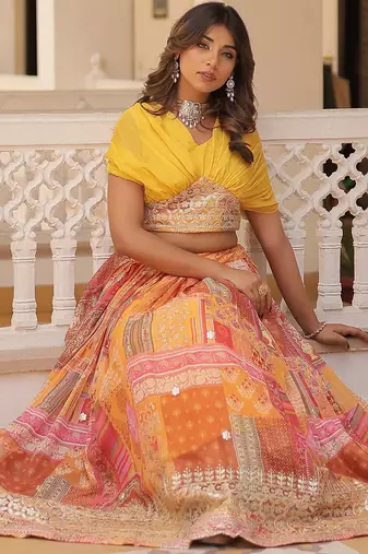 Yellow Rich Digital Printed With Foil Embroidery Work Blended Cotton Semi Stitched Lehenga Set