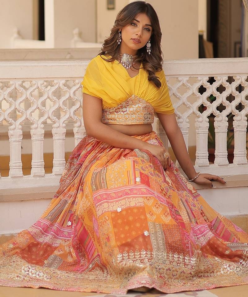 Yellow Rich Digital Printed With Foil Embroidery Work Blended Cotton Semi Stitched Lehenga Set