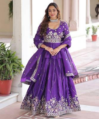 Purple Multi Thread Embroidery Zari Sequins-Work Blended Cotton Semi Stitched Lehenga Set 3