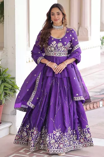 Purple Multi Thread Embroidery Zari Sequins-Work Blended Cotton Semi Stitched Lehenga Set
