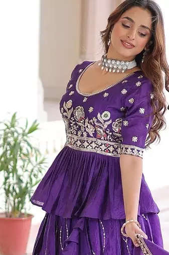 Purple Multi Thread Embroidery Zari Sequins-Work Blended Cotton Semi Stitched Lehenga Set