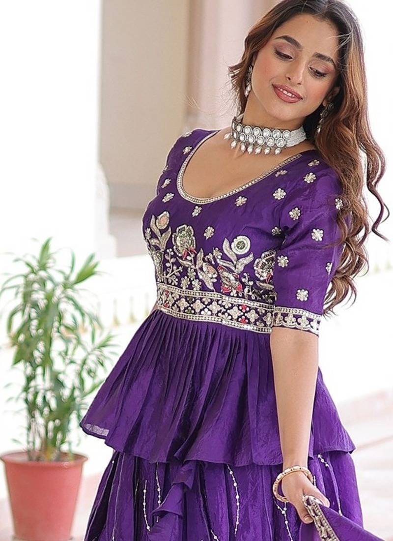 Purple Multi Thread Embroidery Zari Sequins-Work Blended Cotton Semi Stitched Lehenga Set