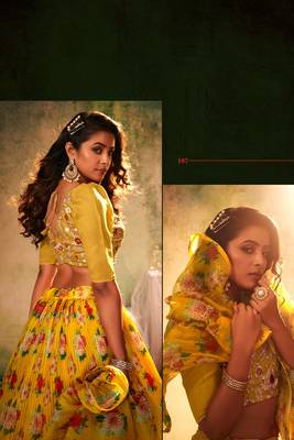 Yellow Embroidered Sequins & Print Organza Semi Stitched Lehenga Set 3