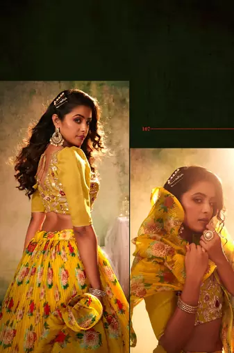 Yellow Embroidered Sequins & Print Organza Semi Stitched Lehenga Set