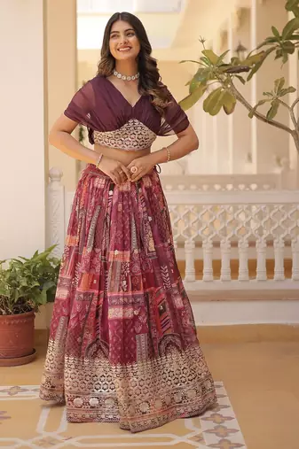 Wine Rich Digital Printed With Foil Embroidery Work Blended Cotton Semi Stitched Lehenga Set