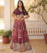 Wine Rich Digital Printed With Foil Embroidery Work Blended Cotton Semi Stitched Lehenga Set