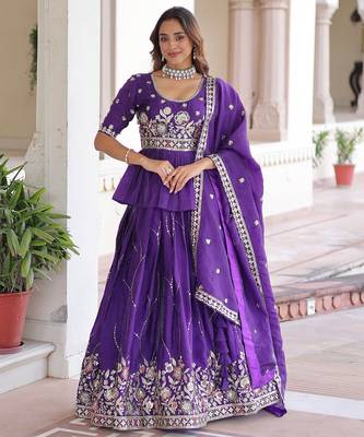 Purple Multi Thread Embroidery Zari Sequins-Work Blended Cotton Semi Stitched Lehenga Set 5