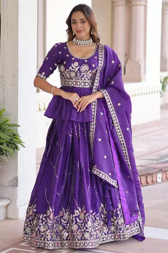 Purple Multi Thread Embroidery Zari Sequins-Work Blended Cotton Semi Stitched Lehenga Set