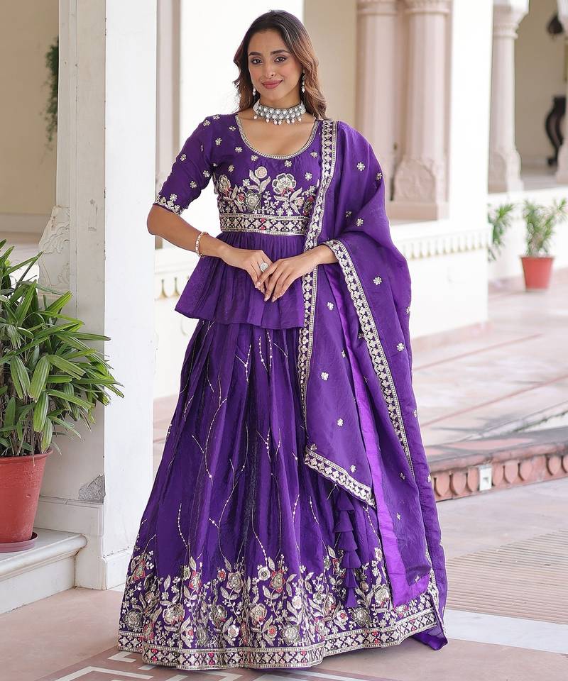 Purple Multi Thread Embroidery Zari Sequins-Work Blended Cotton Semi Stitched Lehenga Set