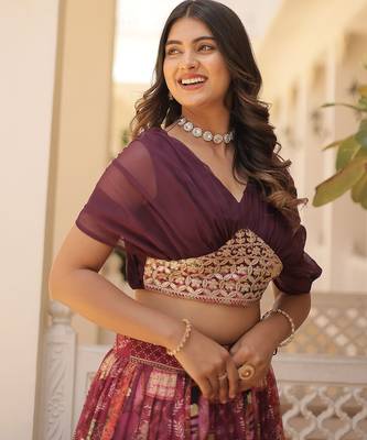 Wine Rich Digital Printed With Foil Embroidery Work Blended Cotton Semi Stitched Lehenga Set 2