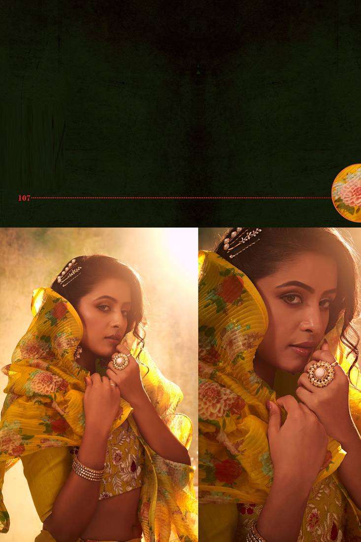 Yellow Embroidered Sequins & Print Organza Semi Stitched Lehenga Set