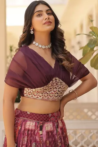 Wine Rich Digital Printed With Foil Embroidery Work Blended Cotton Semi Stitched Lehenga Set