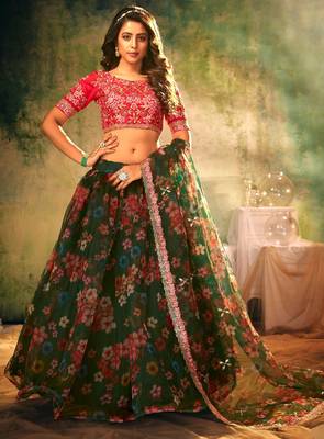 Green Embroidered Sequins & Print Organza Semi Stitched Lehenga Set 1