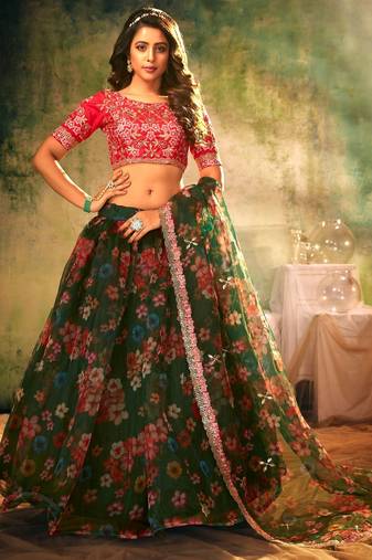 Green Embroidered Sequins & Print Organza Semi Stitched Lehenga Set