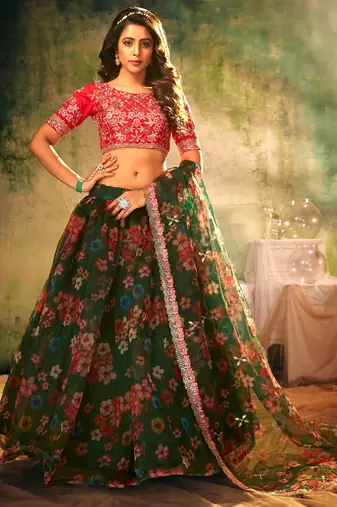 Green Embroidered Sequins & Print Organza Semi Stitched Lehenga Set