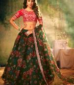 Green Embroidered Sequins & Print Organza Semi Stitched Lehenga Set