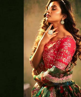 Green Embroidered Sequins & Print Organza Semi Stitched Lehenga Set 2