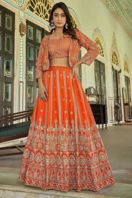 Orange Embroidery & Sequins Chinon Semi Stitched Lehenga Set 1