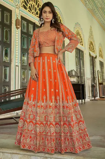 Orange Embroidery & Sequins Chinon Semi Stitched Lehenga Set