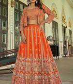 Orange Embroidery & Sequins Chinon Semi Stitched Lehenga Set