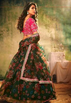 Green Embroidered Sequins & Print Organza Semi Stitched Lehenga Set 4