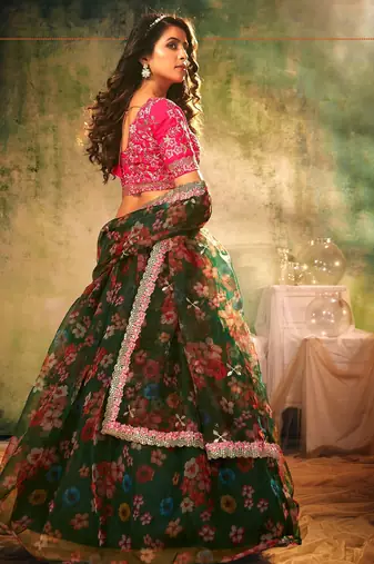 Green Embroidered Sequins & Print Organza Semi Stitched Lehenga Set